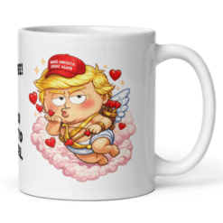 Trump Cupid coffee mug featuring bold Valentine artwork, satirical humor, and a standout design made to spark reactions.