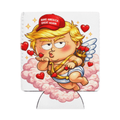 Trump Cupid Valentine koozie with bold heart-arrow artwork, patriotic satire, and a standout design that keeps drinks cold.